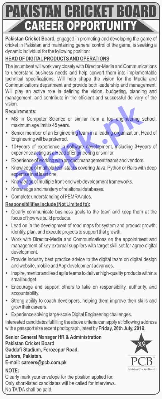 Pakistan Cricket Board PCB Lahore Jobs 2019 for Head of Digital Products and Operations Jobs Application Deadline 26 07 2019 Apply Now