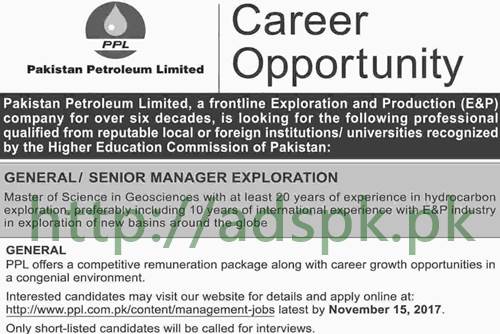 Pakistan Petroleum Limited PPL Jobs 2017 General Senior Manager Exploration Jobs Application Deadline 15-11-2017 Apply Online Now
