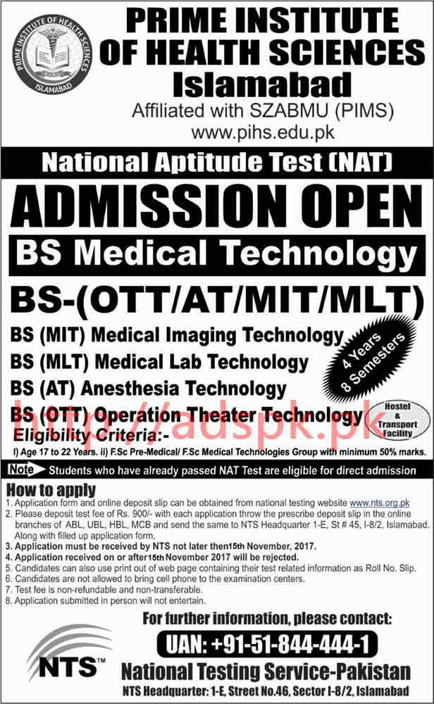 Prime Institute of Health Sciences Islamabad Admission Test NAT NTS Written MCQs Test Syllabus Paper BS Medical Technology BS OTT-AT-MIT-MLT Application Form Deadline 15-11-2017 Apply Online Now by NTS Pakistan