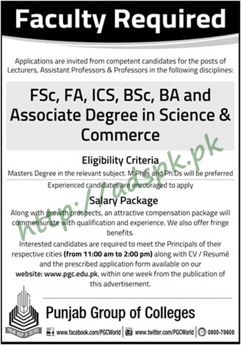 Punjab Group of Colleges Jobs 2018 Lecturers Professors Jobs Application Deadline 06-05-2018 Apply Online Now