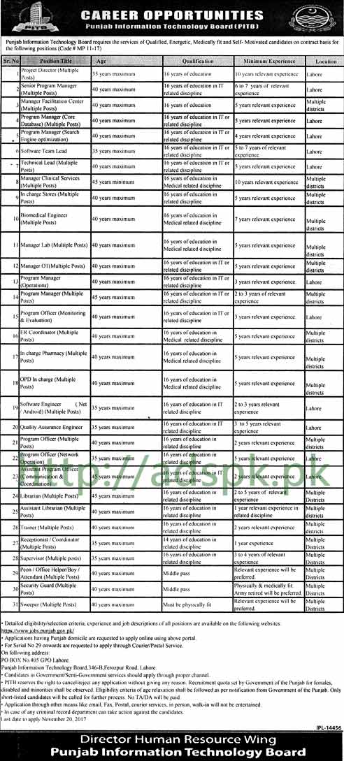 Punjab Information Technology Board PITB PO Box 405 GPO Lahore Jobs 2017 Project Director Managers Bio Medical Engineer Program Officer Software Engineer Jobs Application Deadline 20-11-2017 Apply Now