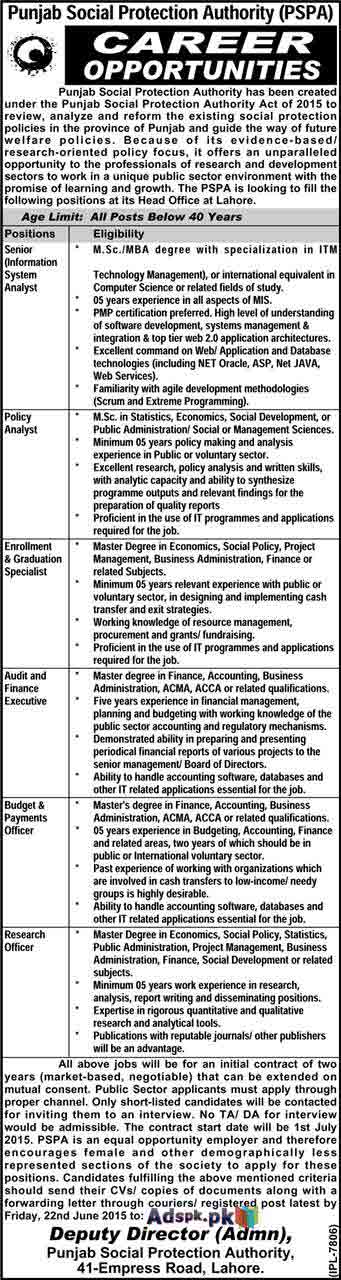Punjab Social Protection Authority PSPA Lahore Jobs for Professionals of Research and Development Sectors Last Date 22-06-2015 Apply Now Sponsored by Daily Nawaiwaqt Newspaper