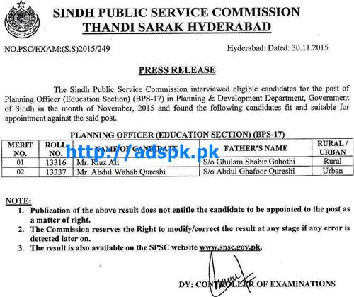 SPSC Latest Interview Results Jobs of Planning Officer (Education Section) BPS-17 in Planning & Development Department Govt. of Sindh Result Updated on 30-11-2015 by SPSC Pakistan