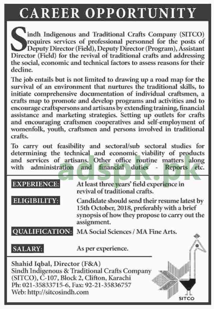 Sindh Indigenous and Traditional Crafts Company SITCO Karachi Jobs 2018 Deputy Director Field Deputy Director Program Assistant Director Field Jobs Application Apply Now