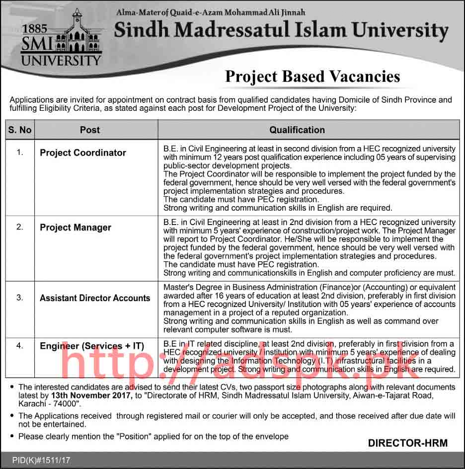 Sindh Madressatul Islam University Karachi Project Jobs 2017 Project Coordinator Project Manager Assistant Director Accounts Engineer Jobs Application Deadline 13-11-2017 Apply Now