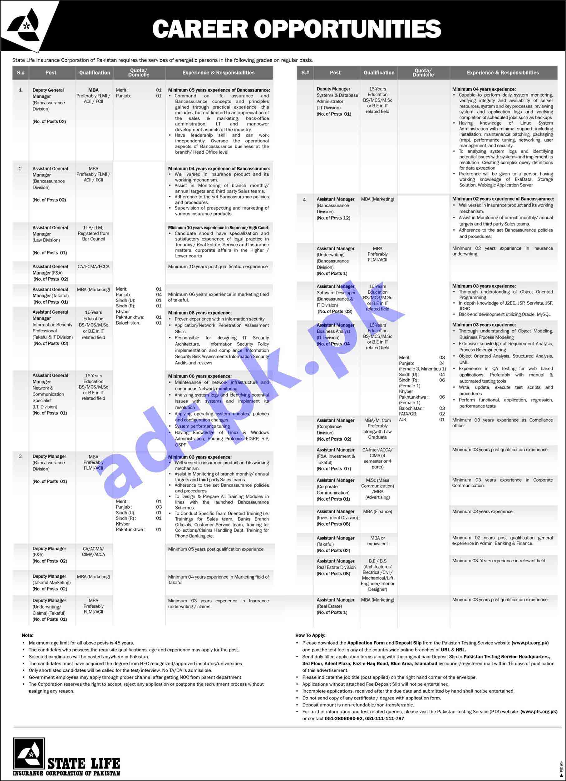 State Life Insurance Corporation of Pakistan (SLIC-PAK) Jobs 2019 PTS Written Test MCQs Syllabus Paper for Deputy General Manager Deputy Managers Assistant General Manager Assistant Managers Jobs Application Form Deadline 14-03-2019 Apply Now